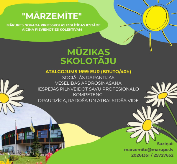 Meklējam kolēģi- pirmsskolas izglītības mūzikas skolotāju!
